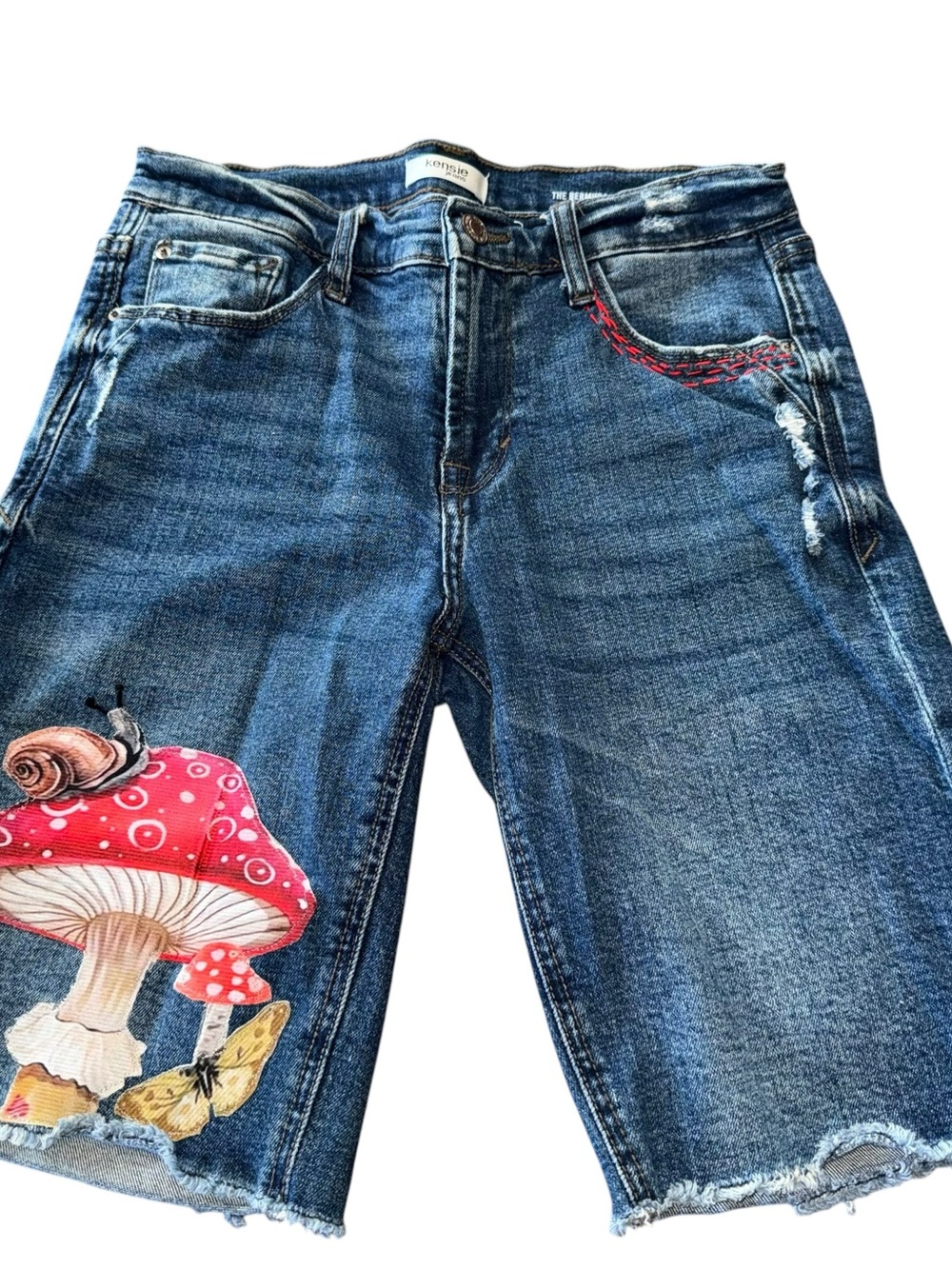 Reworked Upcycled Women’s Denim Bermuda Shorts Kenise Jeans Size 4/27 Embroidery